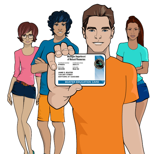 iLearnToBoat characters holding Michigan safety education card