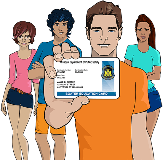 iLearnToBoat characters holding Missouri safety education card