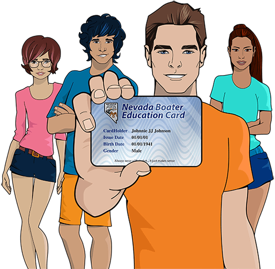 iLearnToBoat characters holding Nevada safety education card