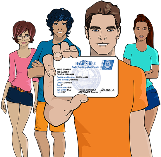 iLearnToBoat characters holding New Hampshire safety education card