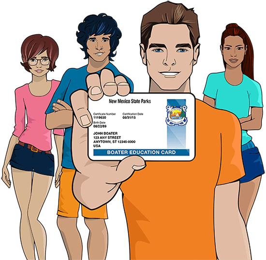iLearnToBoat characters holding New Mexico safety education card