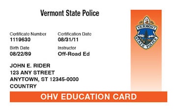 Vermont safety education card