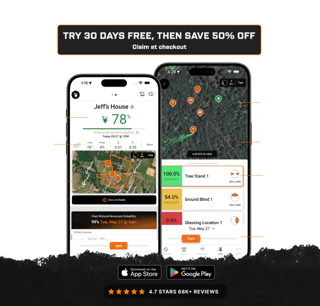 HuntWise app showing maps, weather, and property boundaries