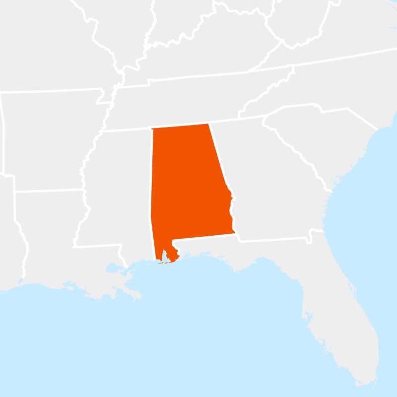 The state of alabama highlighted within a larger map