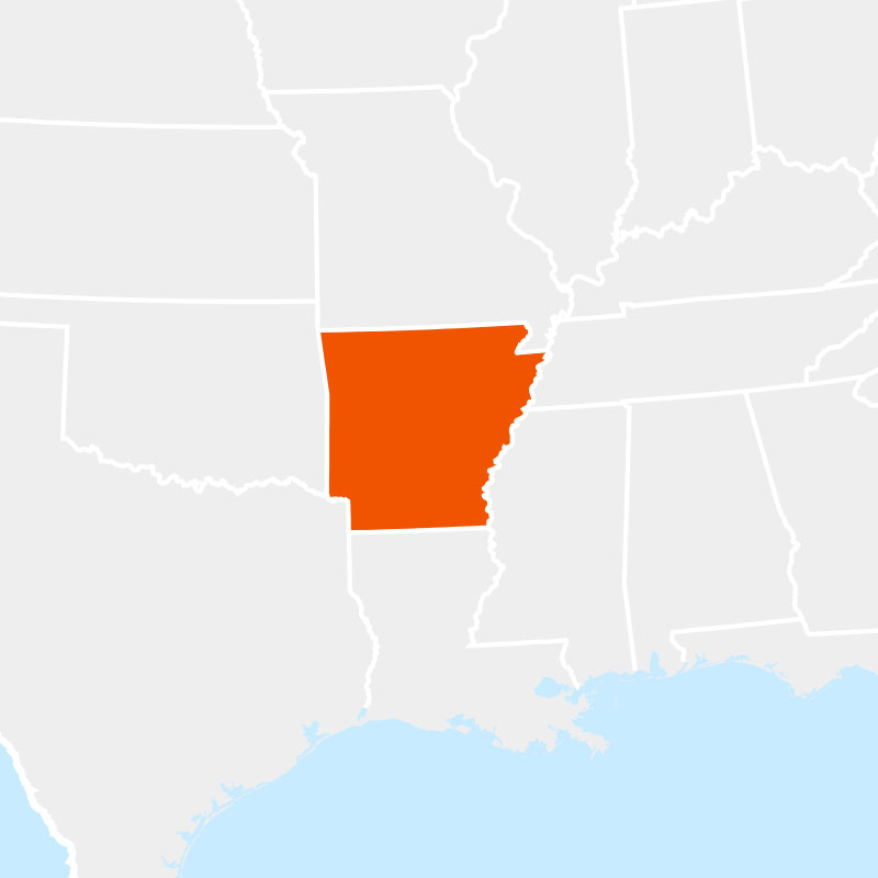 The state of arkansas highlighted within a larger map