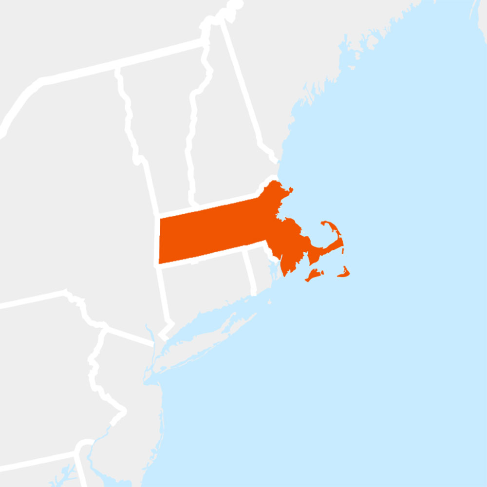 The state of massachusetts highlighted within a larger map