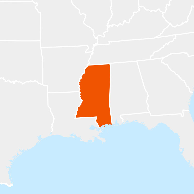 The state of mississippi highlighted within a larger map