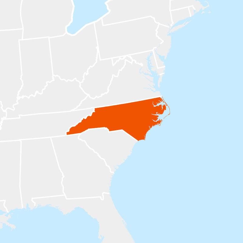 The state of North Carolina highlighted within a larger map