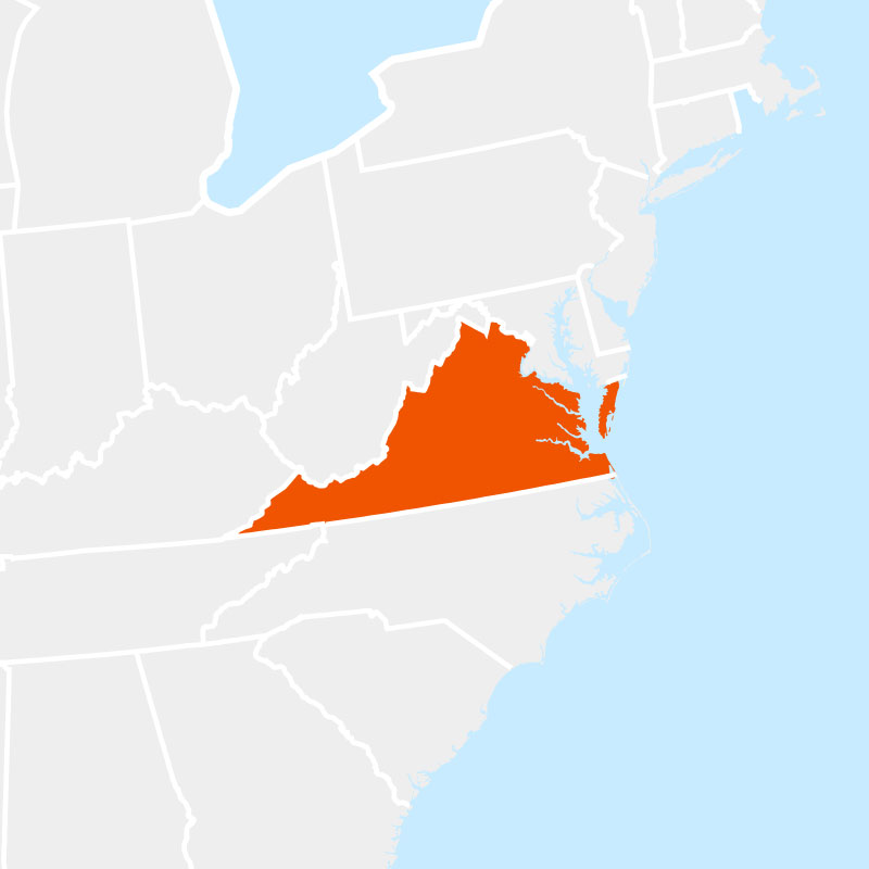 The state of virginia highlighted within a larger map