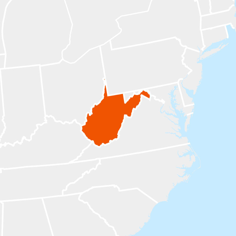 The state of westvirginia highlighted within a larger map